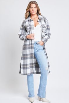 Duster Grey Plaid Fall Outerwear With Buttoned Pockets For Casual Gatherings, Trendy Fall Outerwear For Casual Gatherings, Casual Long Sleeve Outerwear With Buttoned Pockets, Collared Shacket With Pockets For Layering, Oversized Shacket For Layering, Spring Plaid Shacket With Pockets, Spring Plaid Shacket With Button Closure, Plaid Shacket With Pockets For Spring, Collared Fall Shacket For Casual Gatherings