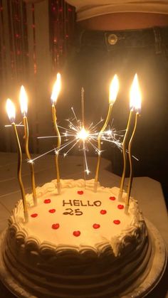 a birthday cake with lit candles on it