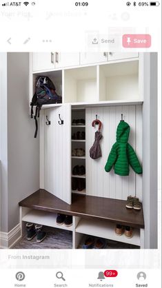 an image of a room with shoes and coat racks on the wall in front of it