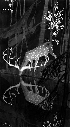 a deer standing in the middle of a forest next to trees and water at night