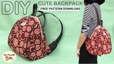 a woman carrying a back pack with the text diy cute backpack free pattern download