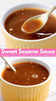 two bowls of soup with spoons in them and the words sweet sesame sauce on top