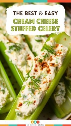 the best and easy cream cheese stuffed celery on a plate with text overlay