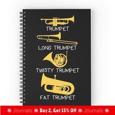 Spiral notebooks with high-quality edge-to-edge print on front. 120 pages in your choice of ruled or graph lines. • Funny types of trumpet design • Trumpet - Long Trumpet - Twisty Trumpet - Fat Trumpet • A perfect gift idea for trumpet players in marching bands, concert bands, big bands, brass bands, brass quintets, brass quartets, jazz bands and solo trumpet players. Marching Bands, Trumpet Player, Trumpet Players, Concert Band, Jazz Band, Brass Band, Big Band, Spiral Notebooks, Marching Band