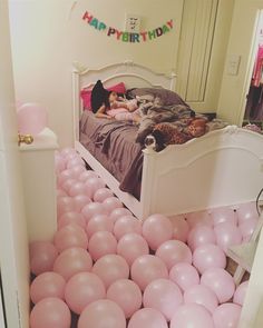 there is a bed with pink balloons on the floor and a black cat laying on it