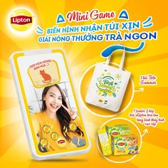 the advertisement for lipton's new products is shown in yellow and features an image of a woman