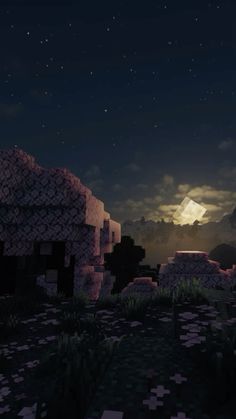 an image of a night scene with the moon in the sky and some rocks on the ground