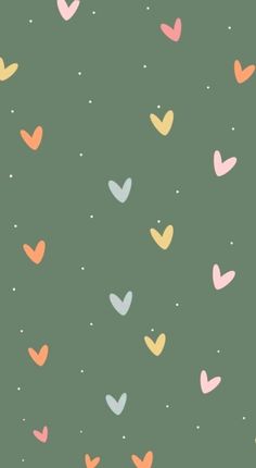 a green background with hearts and dots in pastel pink, orange, yellow and white