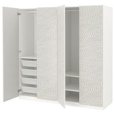 an open white closet with drawers and shelves