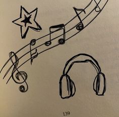 drawing of headphones and musical notes with star on the top right hand corner in black ink