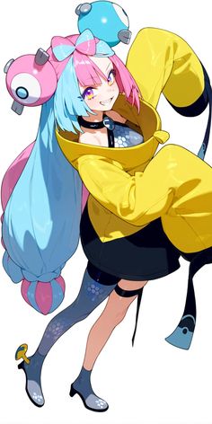 an anime character with pink hair and blue eyes, holding onto a stuffed animal in her arms