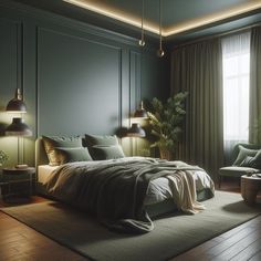 a large bed sitting in the middle of a bedroom next to two lamps on either side of it