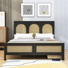 a bed with wicker headboard and foot board in a modern style bedroom setting