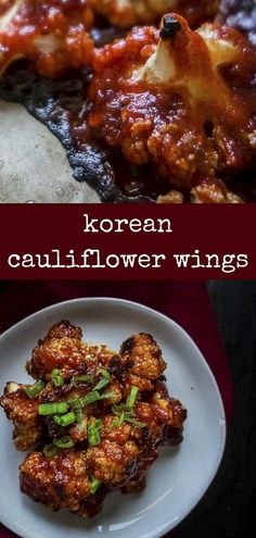 korean cauliflower wings on a white plate with text overlay that reads, korean cauliflower wings