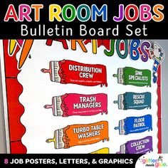 classroom art room jobs bulletin board set includes posters, letters, and graphics for teachers