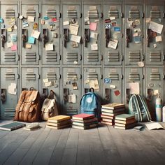 several books and backpacks are lined up against a wall with mailboxes on it