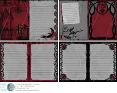 four page layouts with red and black paper in the middle, one is empty