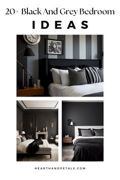 A collage of black and grey bedroom designs featuring striped accent walls, luxurious bedding, and chic furnishings. Black Gray Purple Bedroom, Black Wall Grey Headboard, Black Purple Gray Bedroom, Gray And Black Wallpaper Bedroom, Grey Ans Black Bedding, Grey Bedroom Design