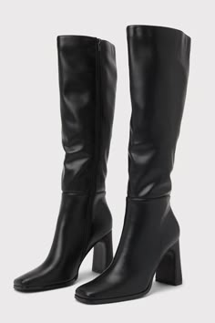 Strut into any room with effortless style with the Lulus Ceceliaa Black Square Toe Knee-High Boots! Smooth faux leather shapes these must-have boots that start with a squared-toe upper that rises to 16"" knee-high shaft with a 15"" circumference and an 18"" zipper at the instep. A sculpted block heel completes the effortlessly chic design! 3. 75" sculpted block heel. Lightly cushioned insole. Felted rubber sole has nonskid markings. Man made materials. Imported. Lulus | Ceceliaa Black Square Toe Knee-High High Heel Boots | Size 5.5. Leather High Shaft Boots, Tall Knee High Boots Outfit, Knee High Womens Boots, Cute Outfits With Boots, Black Leather Boots Outfit, Highheel Boots, Knew High Boots, Tall Black Boots Outfit, Mid Calf Leather Boots