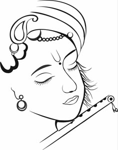 a black and white drawing of a woman's face with her eyes closed, holding a needle