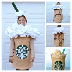 there is a woman wearing a starbucks drink costume