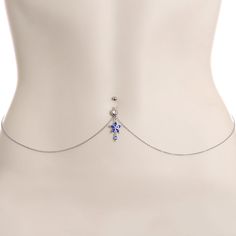 Blue Gem Tropic Flower Dangle Belly Ring Belly Chain Belly Piercing Waist Chain, Belly Piercing With Chain, Blue Belly Piercing, Cute Belly Rings Dangle, Waist Piercing, Belly Accessories, Belly Button Piercings, Belly Shirt, Cute Belly Rings