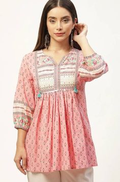 Product Details * Pink regular empire top * Ethnic motifs print * V-neck, three-quarter, puff sleeves * Gathered or pleated detail * Woven cotton Material & Care 100% Cotton Hand Wash Package Includes : 1 Kurti Check the size chart in the photo section to choose a perfect size IMPORTANT :- kindly provide your Mobile No. when ever you make payment because its mandatory for standard shipping services to ship article. Please contact me if you have any queries. Kurti Tops, Short Kurti Designs, Simple Gown, Empire Top, Casual Cotton Top, Western Top, College Wear, Indian Tunic, Short Kurta