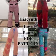 three different pants with hearts on them and the words hijacyth love pants pdf pattern