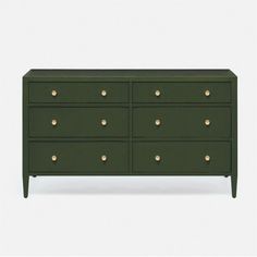 a green dresser with gold knobs on the top and bottom drawers, against a white background