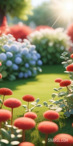 an animated garden with red and white flowers in the foreground, green grass on the far side