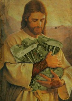 a painting of jesus holding a motorcycle engine