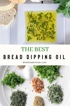 the best bread dipping oil recipe with fresh herbs and garlic on a white plate