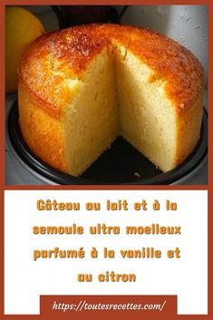 a cake that has been cut into pieces with the words exquis gateau au lait et la semoule ultra molleuxe