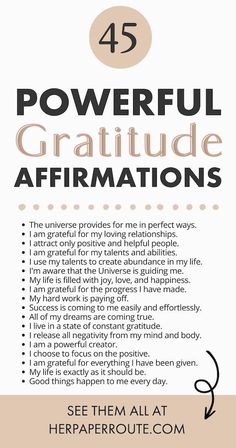 an info sheet with the words powerful gratitude affirmations written in black and white