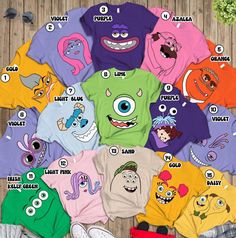 an image of children's t - shirts with cartoon characters on them, all in different colors