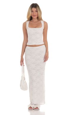 Lace Two Piece Maxi Skirt Set in White Two Piece Maxi Skirt Set, Skirt Set Outfit, White Two Piece Set, Wide Leg Pants Jeans, Upf Clothing, White Long Skirt, Small Skirt, Maxi Skirt Set, Skirt And Top Set