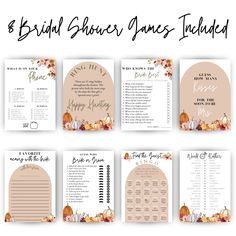 8 bridal shower games templates with pumpkins and leaves on the front, in different colors