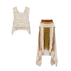 The ensemble features a beige, layered crochet top with delicate patterns and fringe detailing. It's paired with a skirt that showcases vertical stripes in earth tones and a unique woven panel with fringe accents at the front. crochet knit, and cotton blend. Layered Crochet, Dad Jewelry, June Birthstone Jewelry, Crochet Set, Zodiac Jewelry, Gifts For New Mums, Pearl Jewellery Earrings, Pin Jewelry, Boho Crochet