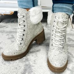 Brand New Silver Sequin Detail Cream Boots, Glitter Boots, Fur Boots, Ankle Cuffs, Faux Fur Collar, Fall Wardrobe, Bold Fashion, Casual Boots, Lace Up Boots