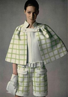 1960s Shorts and Cape set Repinned by www.fashion.net 1968 Fashion, 60’s Fashion, Andre Courreges, Cape Set, 1960 Fashion