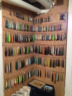 there are many different types of fishing lures on the wall in this room,