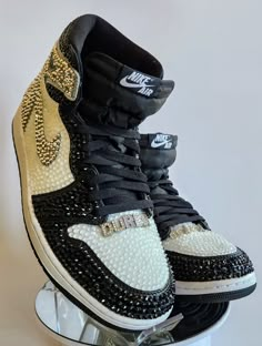 High-top Bling Sneakers For Streetwear, Silver High-top Sneakers With Bling, Silver High-top Sneakers With Rhinestones, White Custom Sneakers With Bling, Round Toe, White High-top Custom Sneakers With Rhinestones, Women In Jordans, Bedazzled Shoes Diy, Rhinestone Sneakers, Cute Casual Shoes