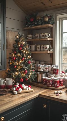 a christmas tree in the corner of a kitchen with cups and mugs on it