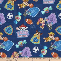 a blue fabric with paw patrol and other sports related items on the front, along with words that read paw patrol