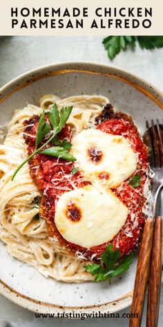 a plate of pasta with sauce and parmesan cheese