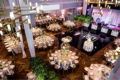 an overhead view of a banquet hall with tables and chairs set up for formal function