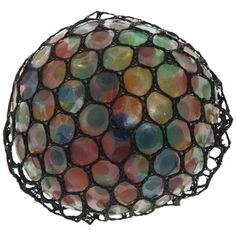 a multicolored glass ball with black netting around it