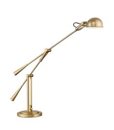 a gold desk lamp with two metal arms and one light on the side, against a white background