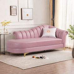 a living room with a pink couch and rug