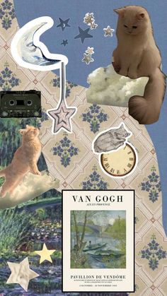 a collage with an image of a bear and other things on it's side